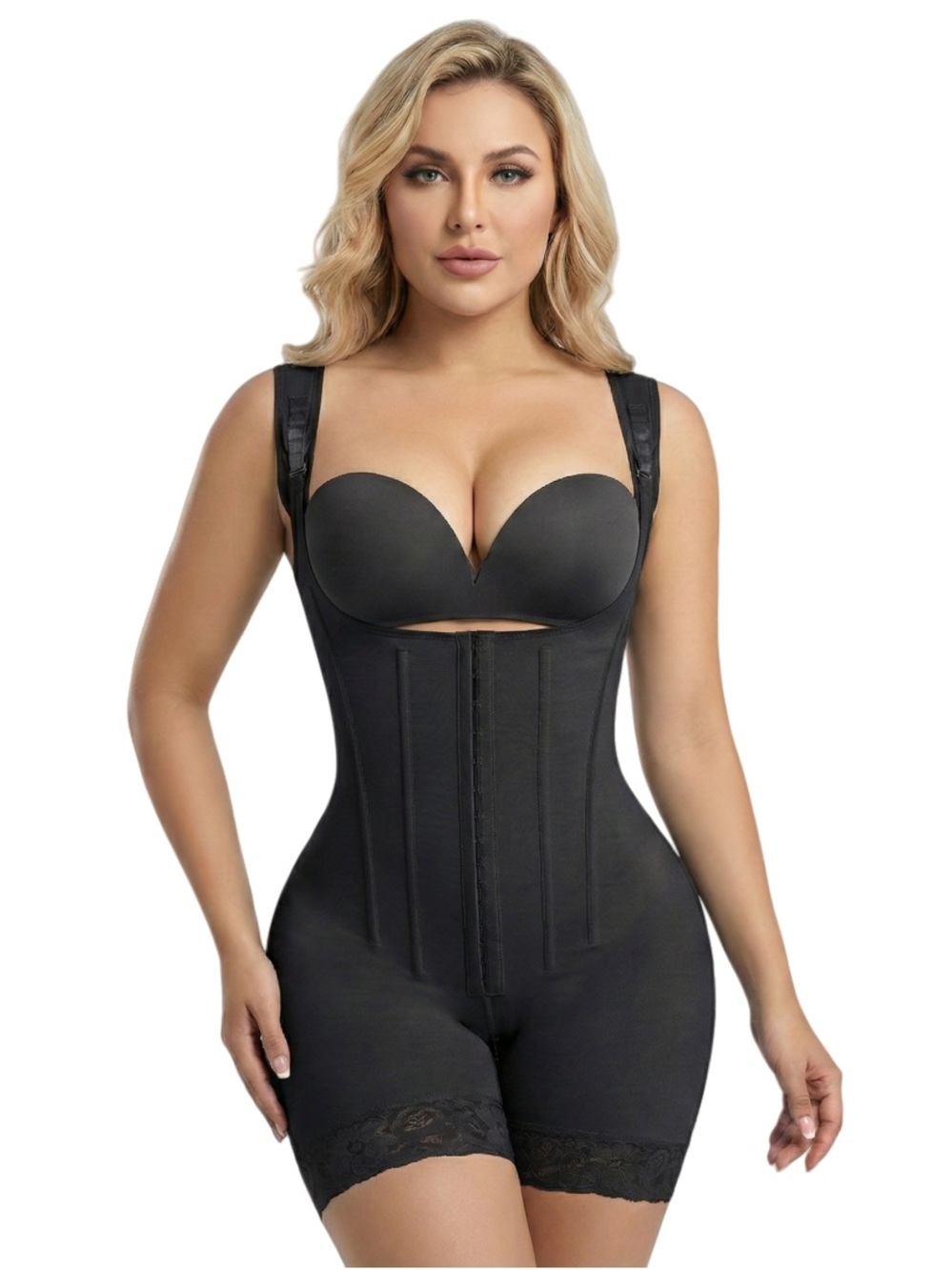 Black High-Waist Full Body Shaper with Adjustable Straps